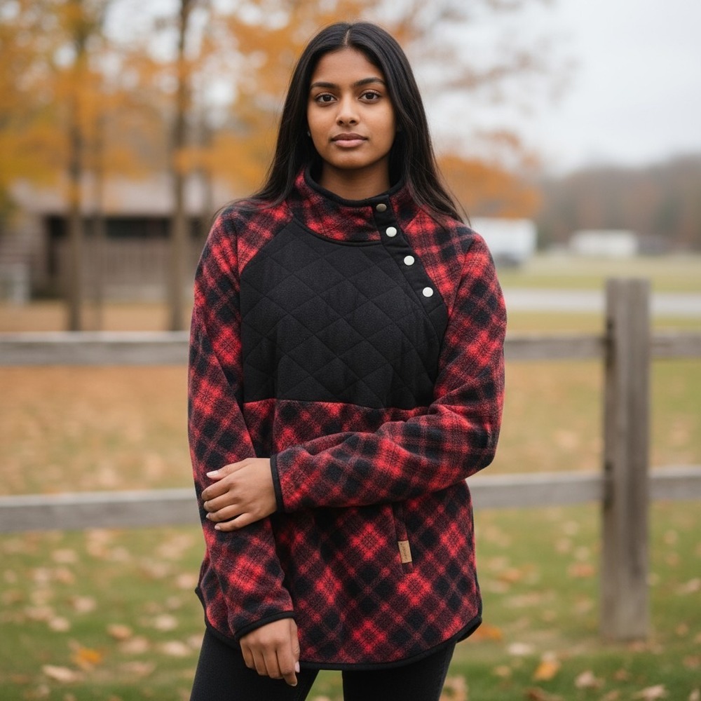 Maurice's Women's Red Black Plaid Fleece Sweatshirt XL Quilted Cozy County Farm